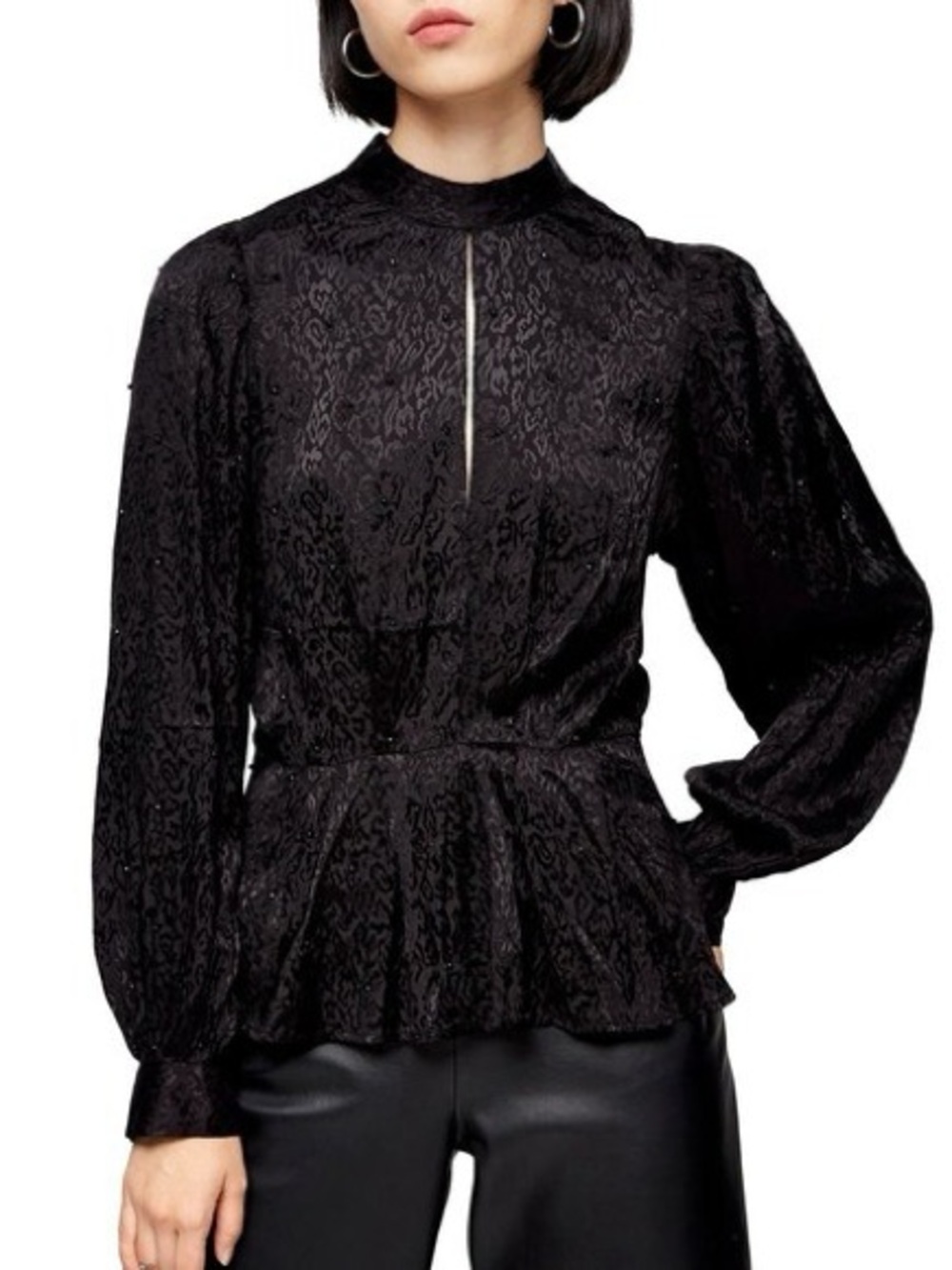Topshop Beaded Peplum Blouse Puff-Sleeve Keyhole Black Jacquard 4 Party Cocktail